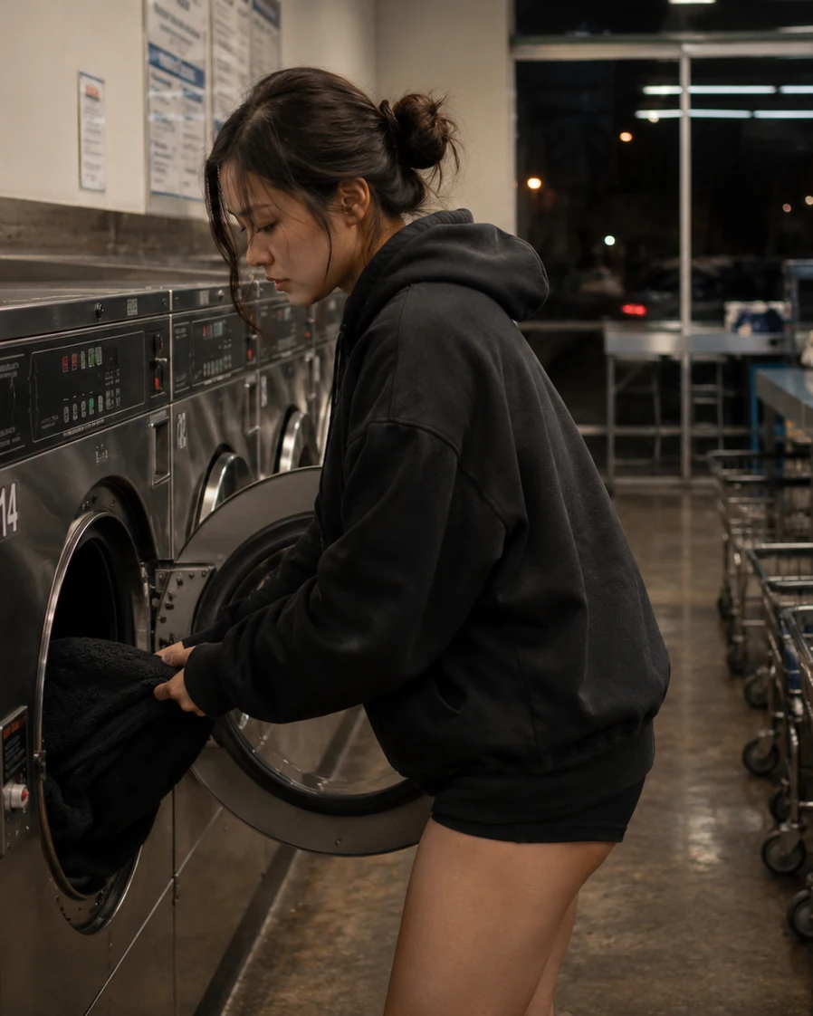 Photorealistic laundromat lifestyle portrait