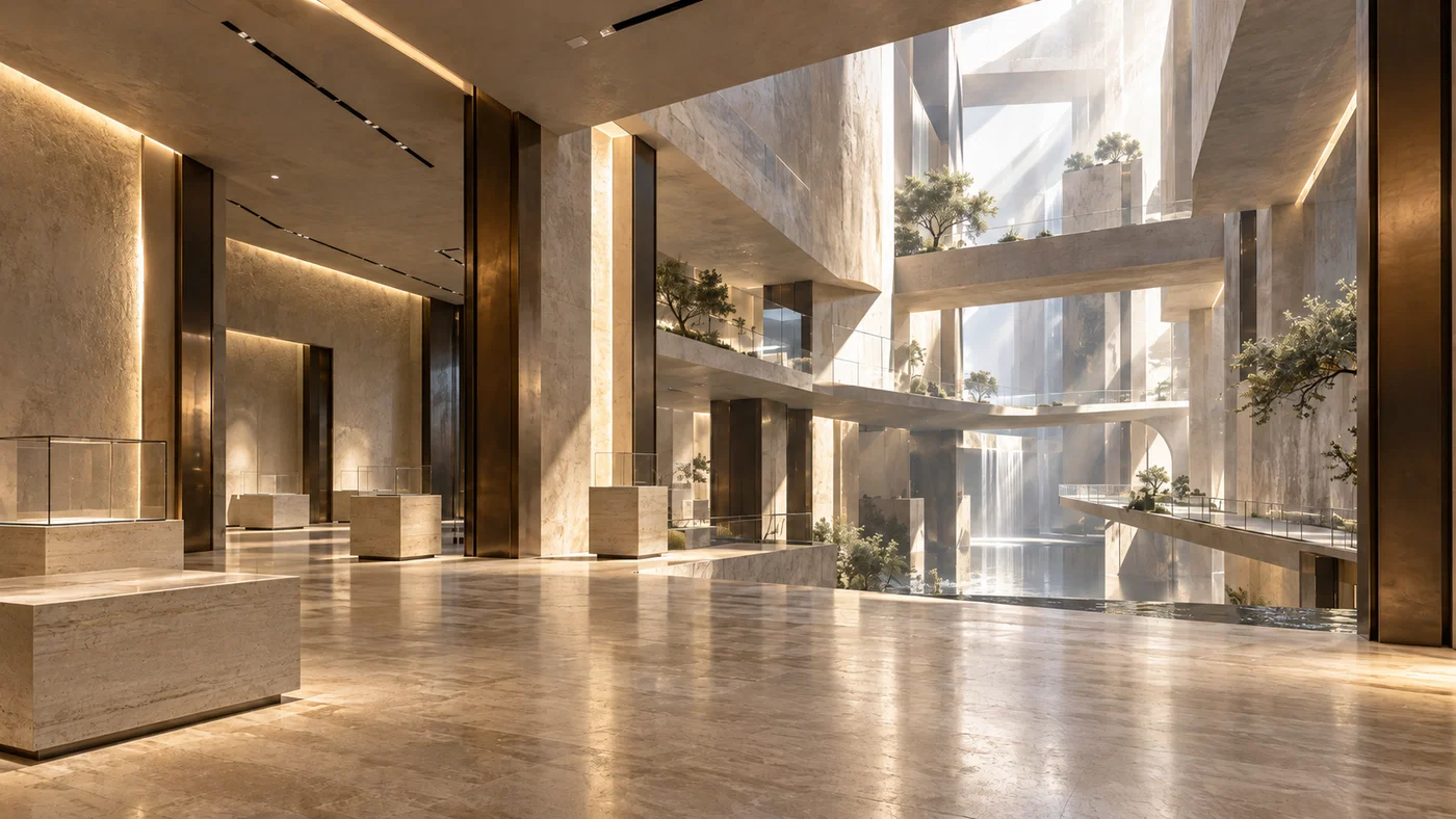 Impossible architectural showroom campaign scene